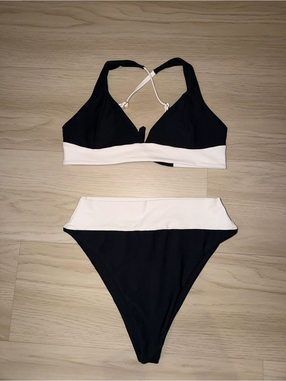 Skatie Black and White Two-Tone Halter Top and High Waisted Bottom Bikini - Picture 2 of 4